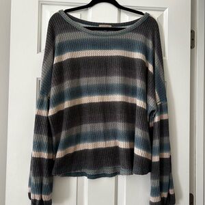Wonderly Striped Waffle-Knit Crewneck Sweater in Teal, Gray & Cream